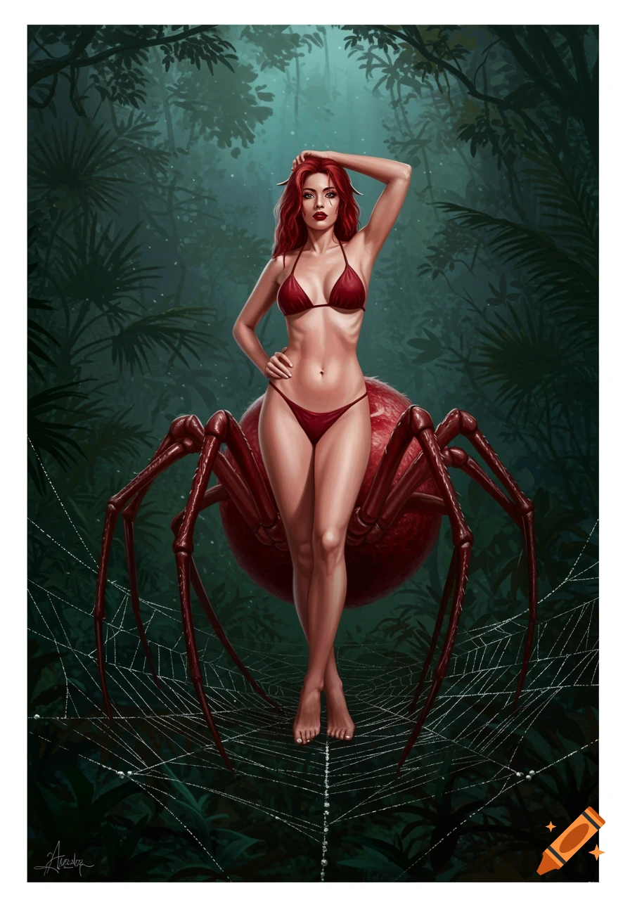 A red-haired woman with spider legs wearing a red bikini stands on a web in a jungle.