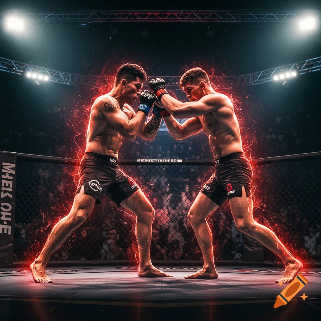 Two muscular MMA fighters, shirtless in shorts and gloves, face off in an octagon with glowing red energy emanating from them, under arena lights.