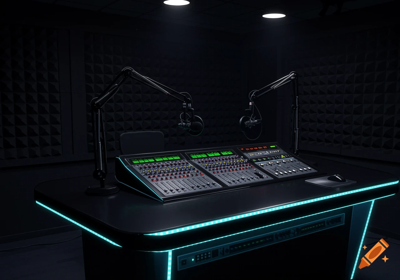 A modern radio presenter's desk with a large mixing console and two microphones in a dark studio with acoustic foam walls and blue lighting.