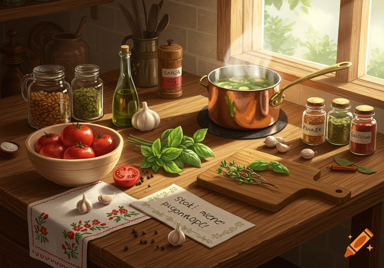 A rustic kitchen counter with a wooden bowl of tomatoes, fresh basil, garlic, and a pot of soup steaming on a stovetop. Sunlight streams in from a window.