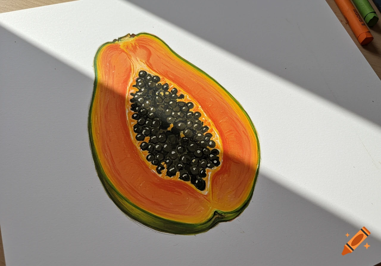 A vibrant oil pastel drawing of a sliced papaya with black seeds, illuminated by diagonal sunlight on white paper.