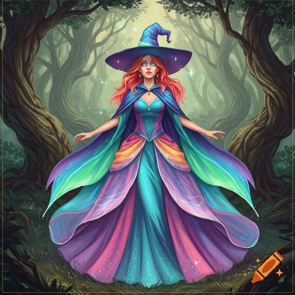 A vibrant witch with red hair and a flowing rainbow dress stands in a magical forest.