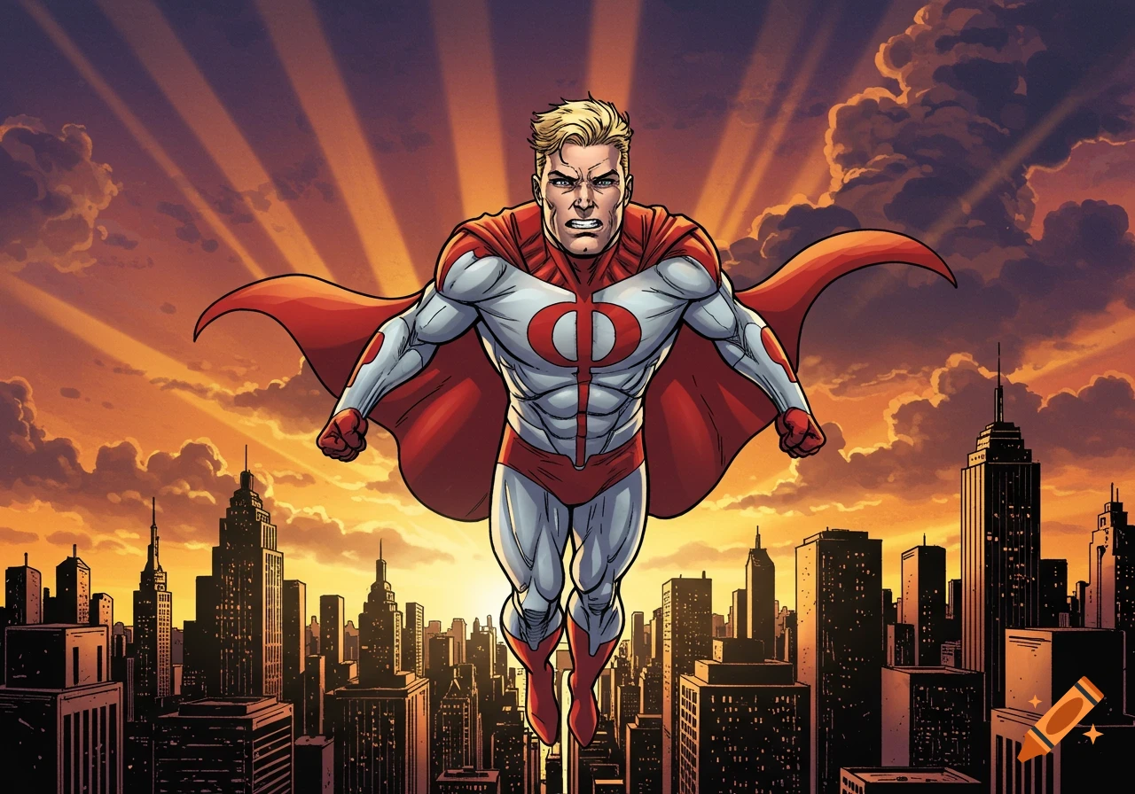 A muscular superhero in a red and white suit with a red cape flies over a city skyline at sunset in a comic book style.