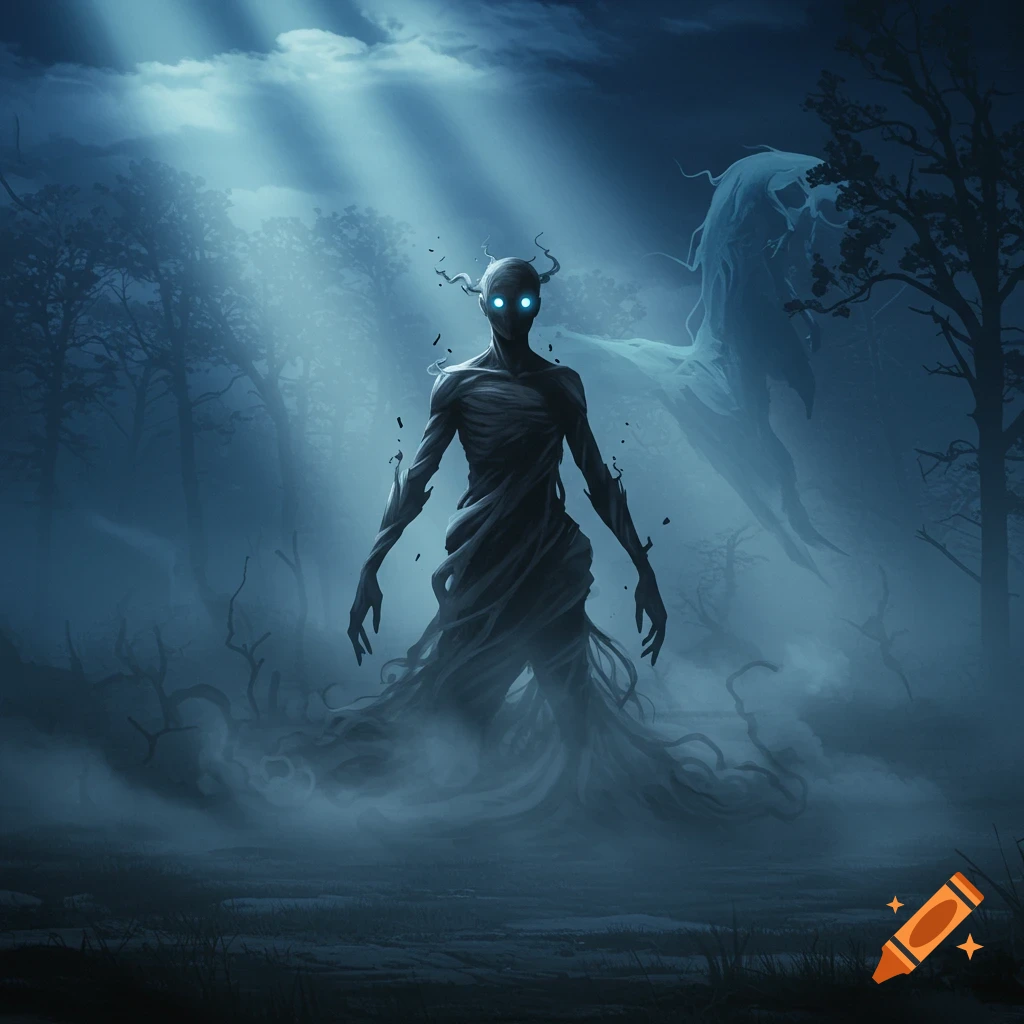 A shadowy, humanoid entity with glowing eyes stands in a misty, dark forest, illuminated by rays of light from above.