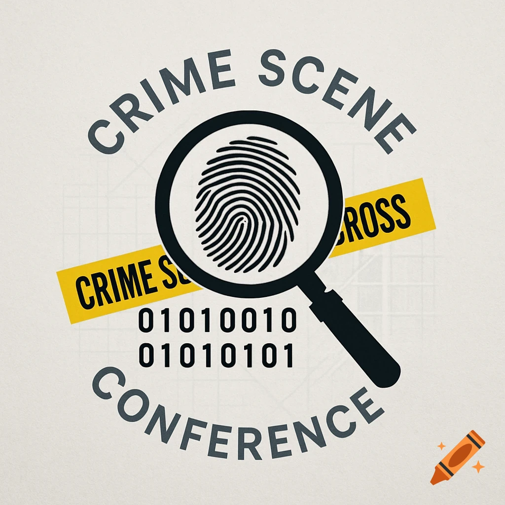 A logo for a crime scene conference featuring a magnifying glass over a fingerprint, binary code, and yellow crime scene tape.