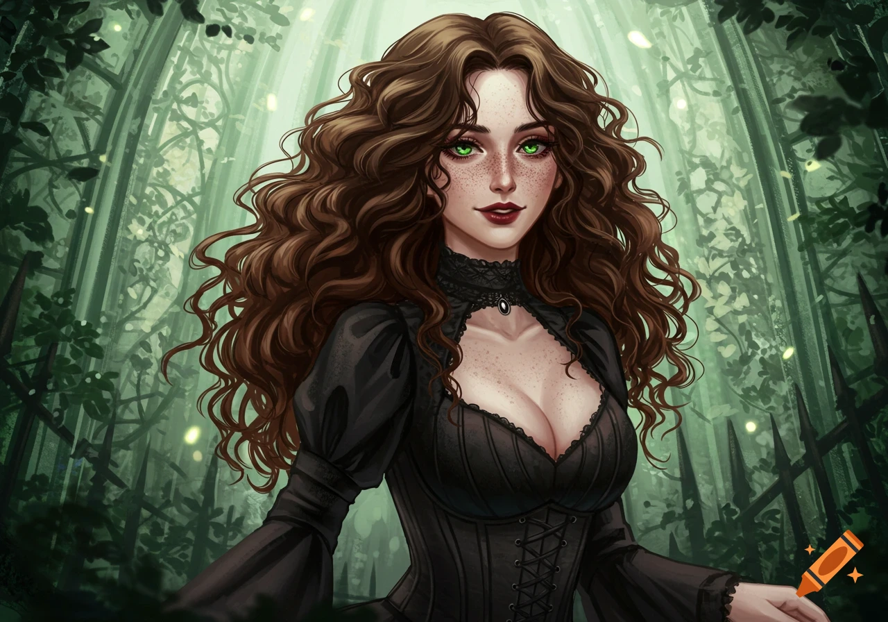 A fantasy illustration of a woman with long curly brown hair, green eyes, and freckles, wearing a black gothic dress in a dark forest.