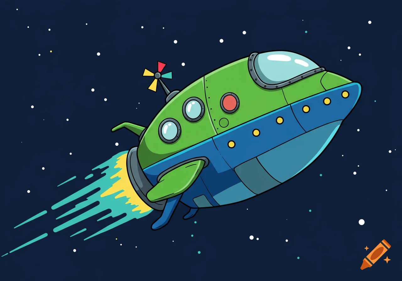 A vibrant green and blue cartoon spaceship with a propeller top, flying through a dark blue starry space with colorful speed lines.