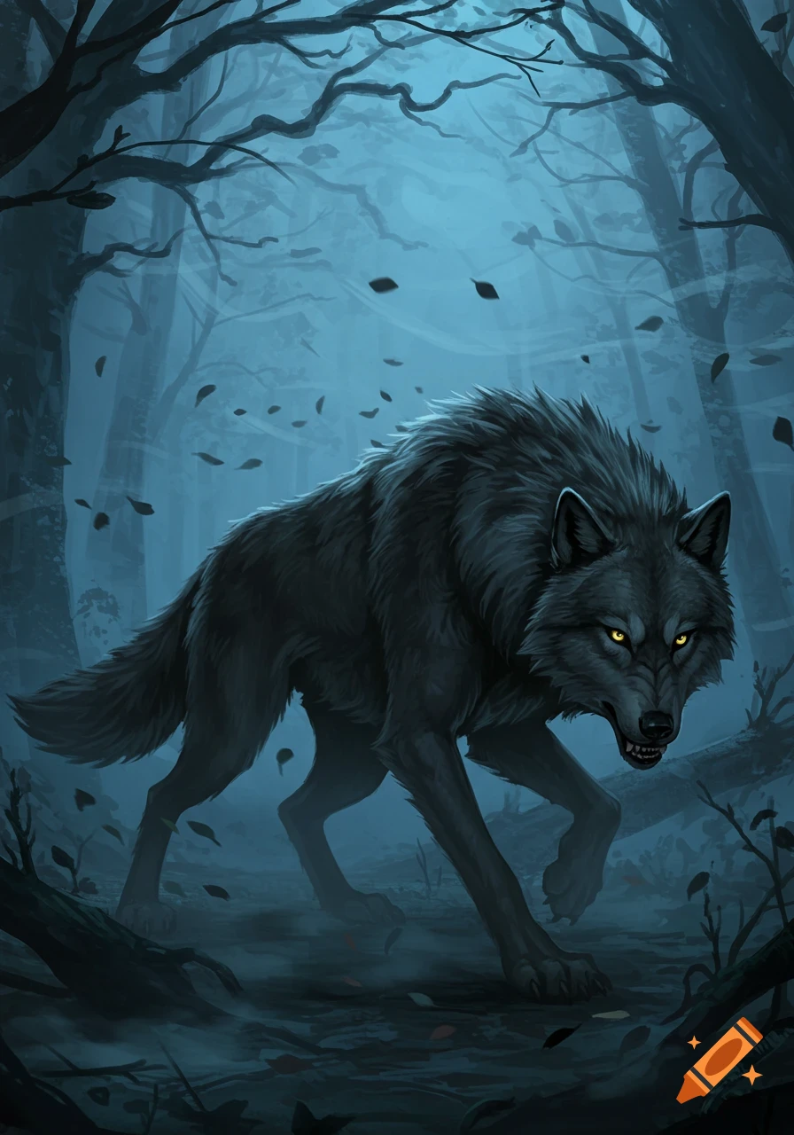A fierce wolf with glowing yellow eyes baring its teeth prowls through a dark, misty forest at night, with leaves falling.