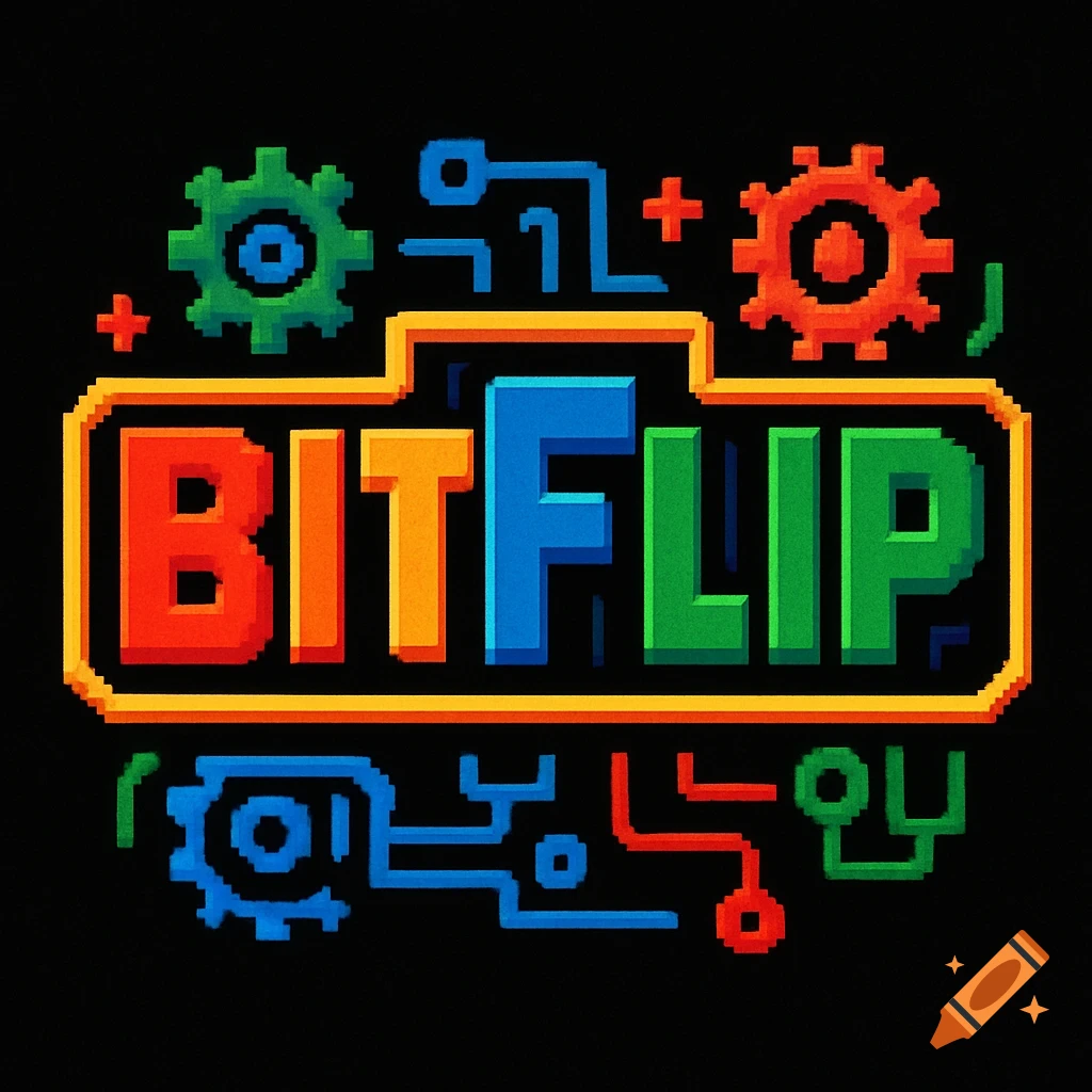 A colorful pixel art logo for "BITFLIP" with gears and circuit board elements, in a 16-bit Super Nintendo style.