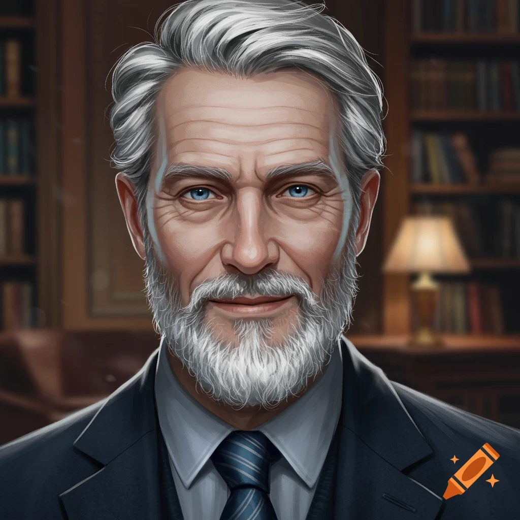 Digital portrait of an older man with gray hair and white goatee, blue eyes, smiling, wearing a suit in a library.