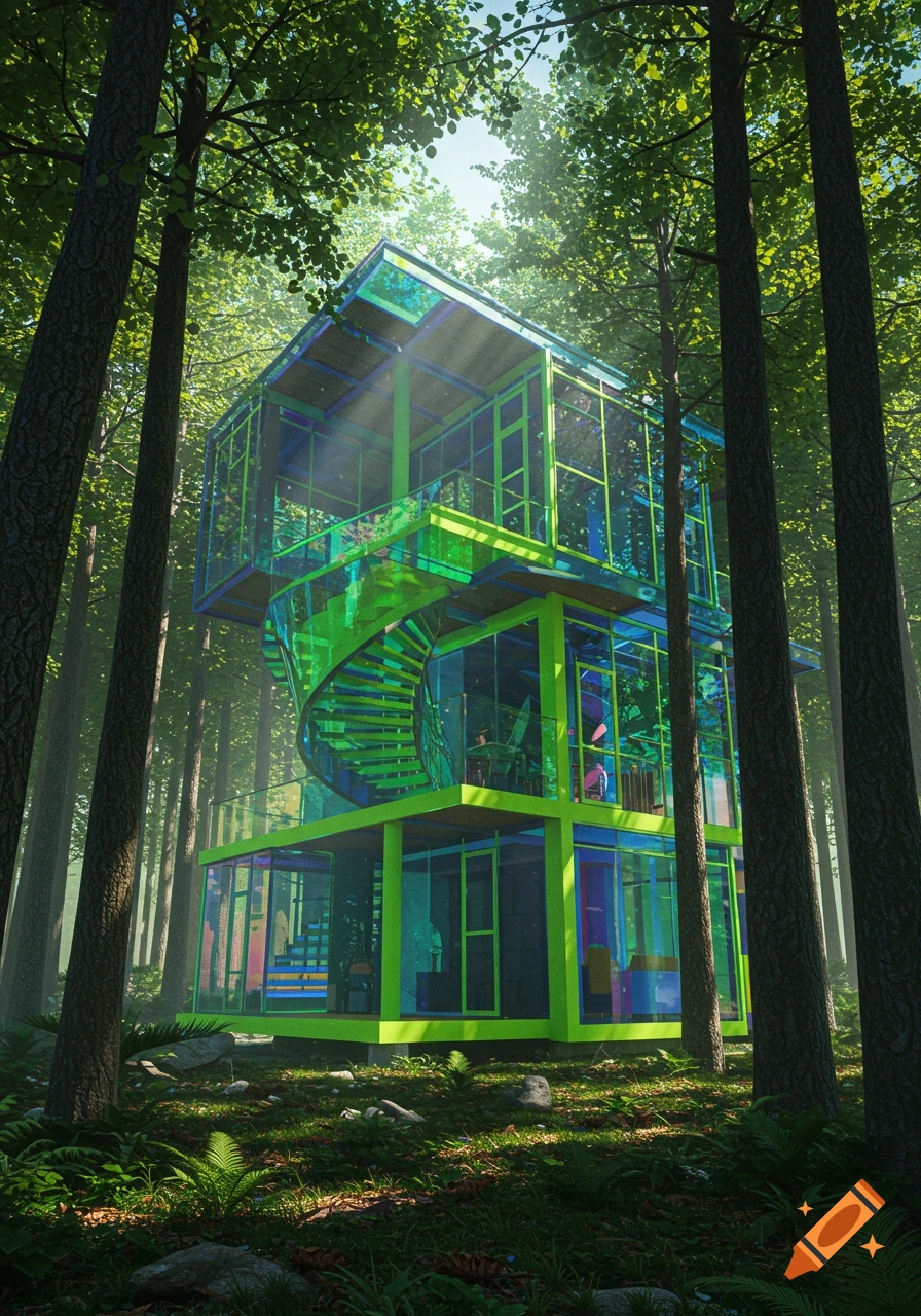 A vibrant, modern glass and neon green house with a spiral staircase nestled among tall trees in a lush forest.