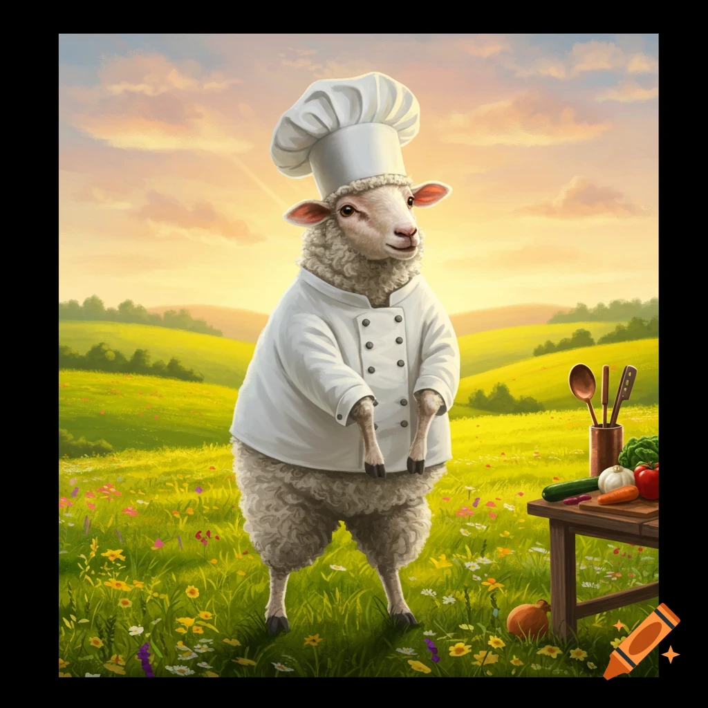A sheep in a white chef's hat and coat stands on hind legs in a green field with a table of vegetables.