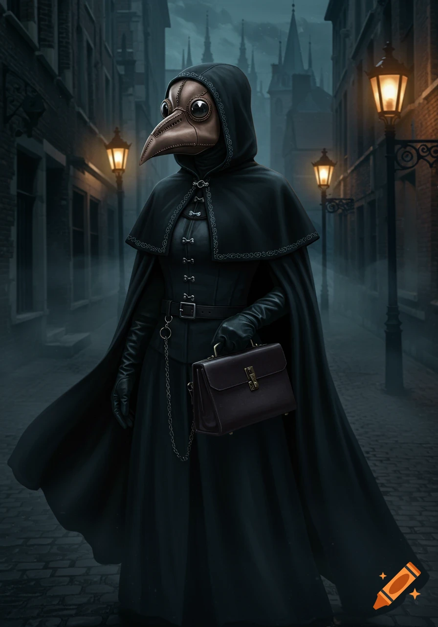 A photorealistic image of a plague doctor in a dark, foggy street holding a briefcase, lit by gas lamps.