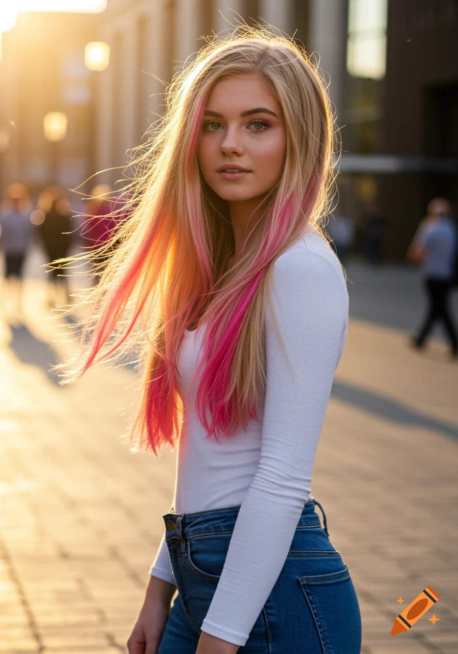 Photorealistic portrait of a young blonde woman with pink streaks in her hair, standing outdoors in golden hour sunlight.