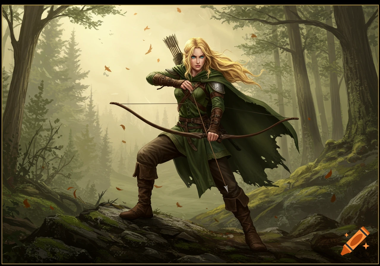 A blonde female fantasy archer in green attire holds a bow in a misty forest.