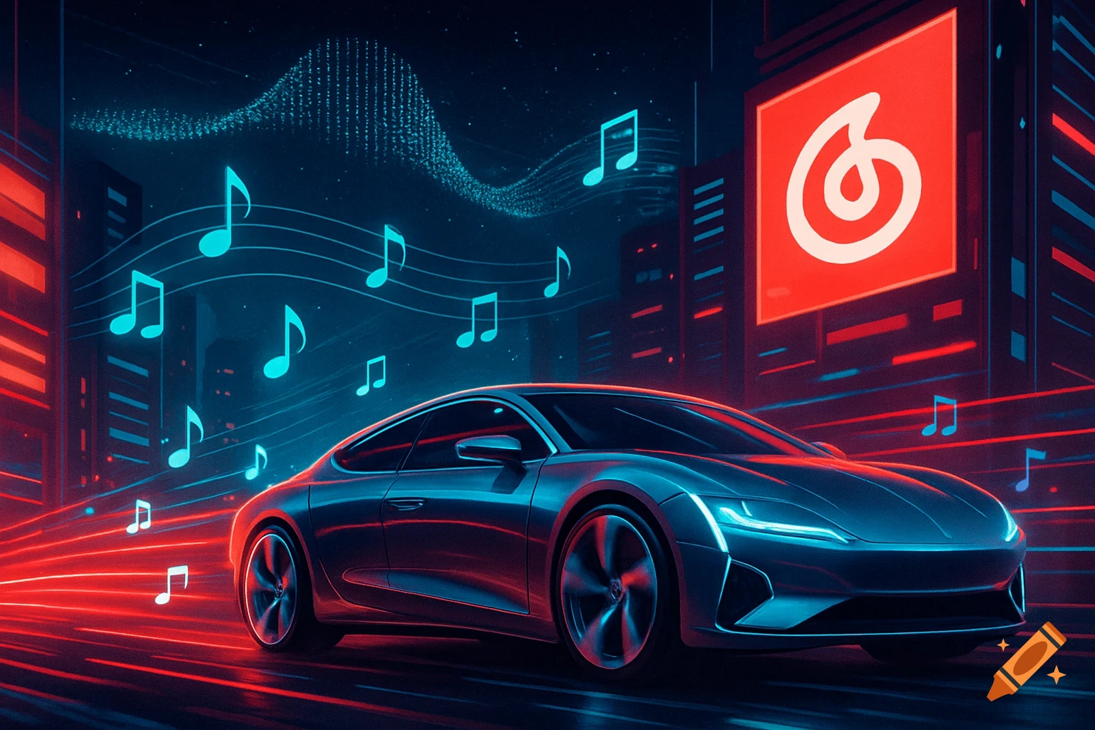 A sleek silver car drives at night in a futuristic city, surrounded by glowing blue musical notes and red light trails. A large red billboard with a white spiral logo is visible in the background.