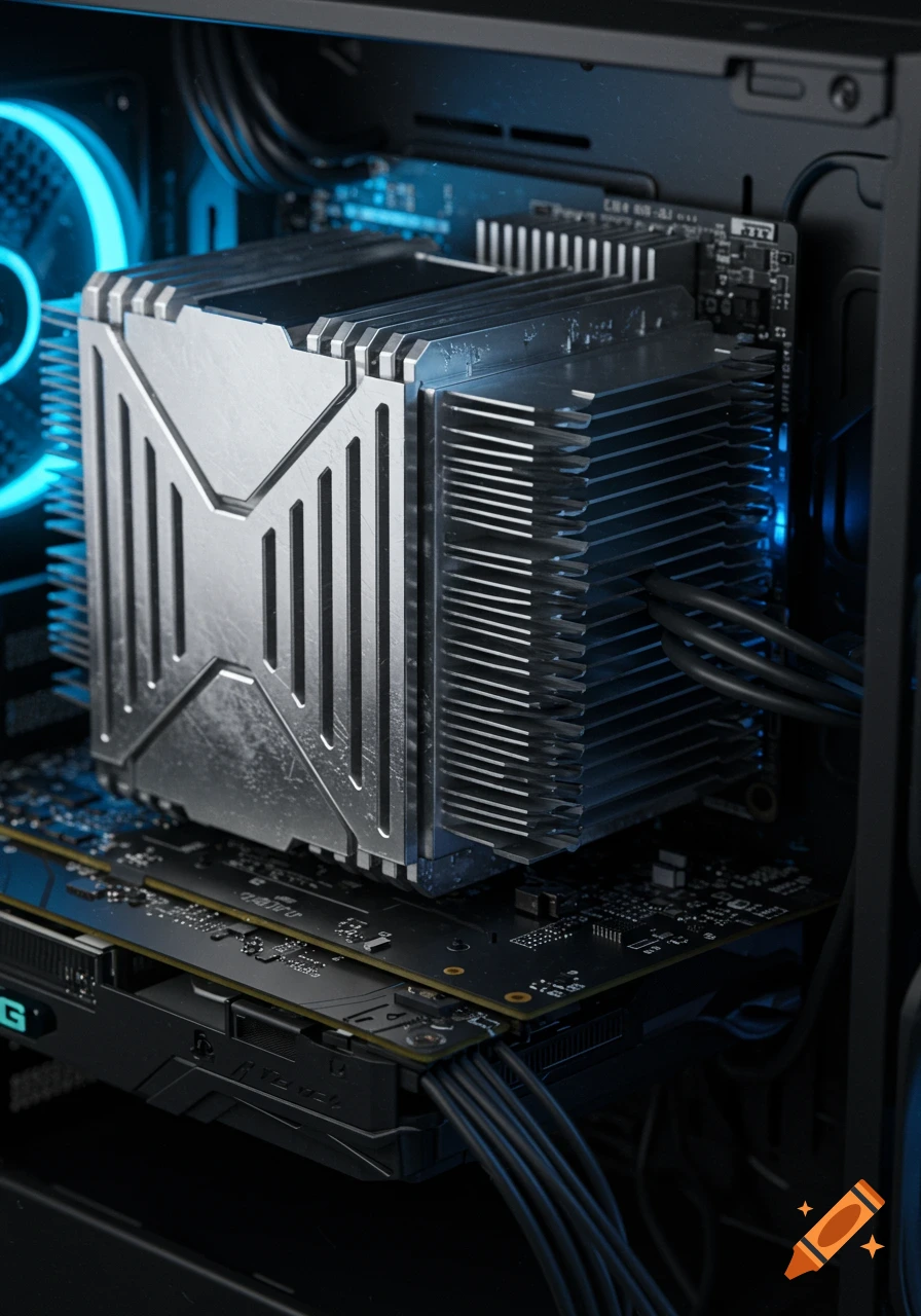 Photorealistic close-up of a silver CPU heatsink inside a computer case with blue internal lighting.