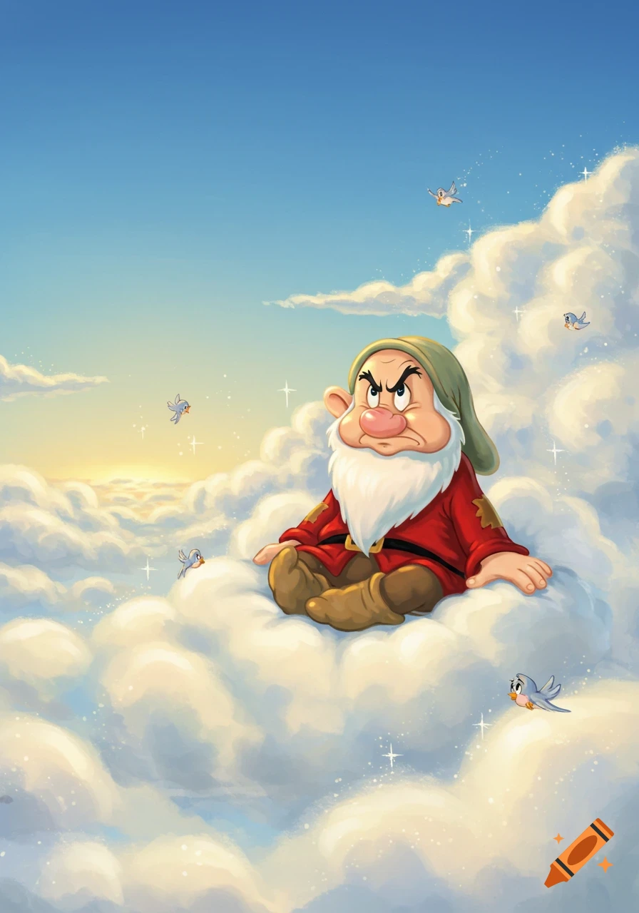 Grumpy Dwarf from Disney sitting on a cloud with small birds and sparkling stars in a cartoon style.