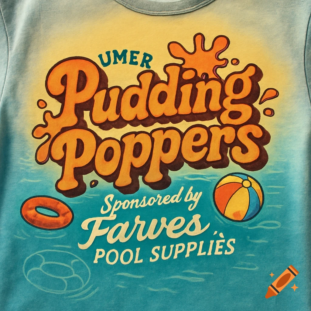 A close-up of a light blue t-shirt with a vintage-style graphic design featuring orange and brown text "UMER Pudding Poppers" above "Sponsored by Farves POOL SUPPLIES" set against a yellow sky and blue water background with a life preserver and a beach ball.