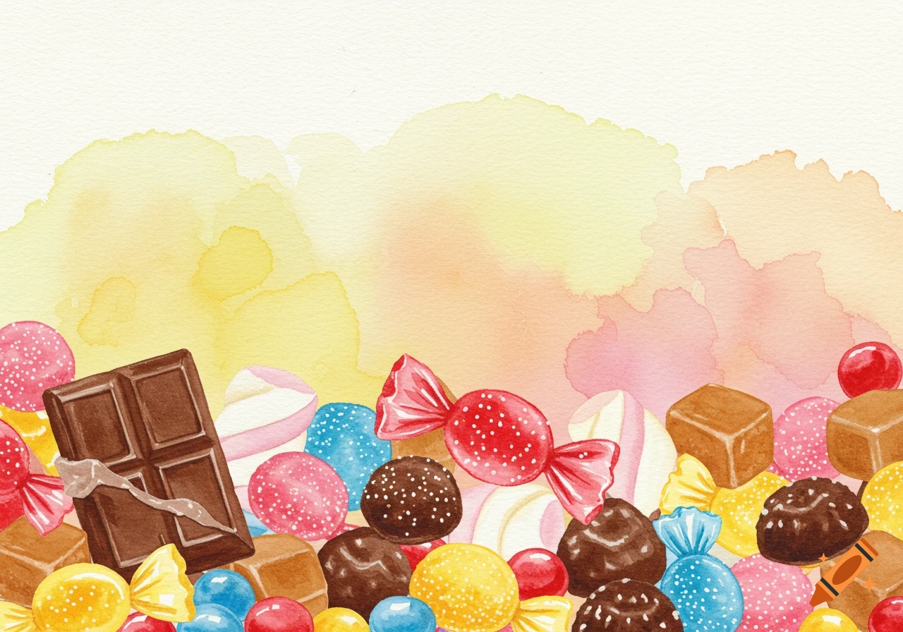 A watercolor painting of various colorful candies and a chocolate bar forming a border at the bottom.