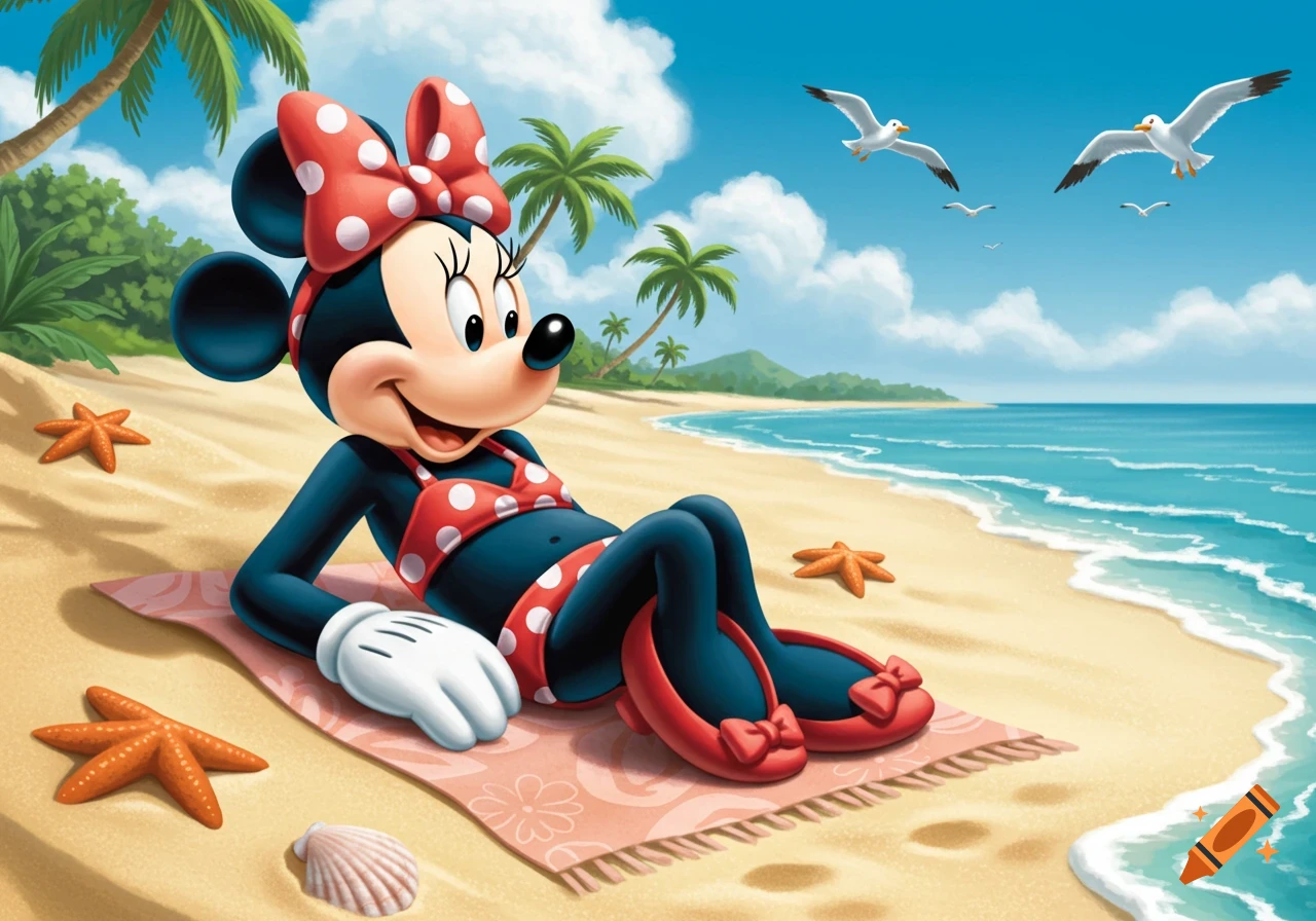 Minnie Mouse in a red polka dot bikini relaxes on a pink towel on a sunny beach with palm trees and seagulls.