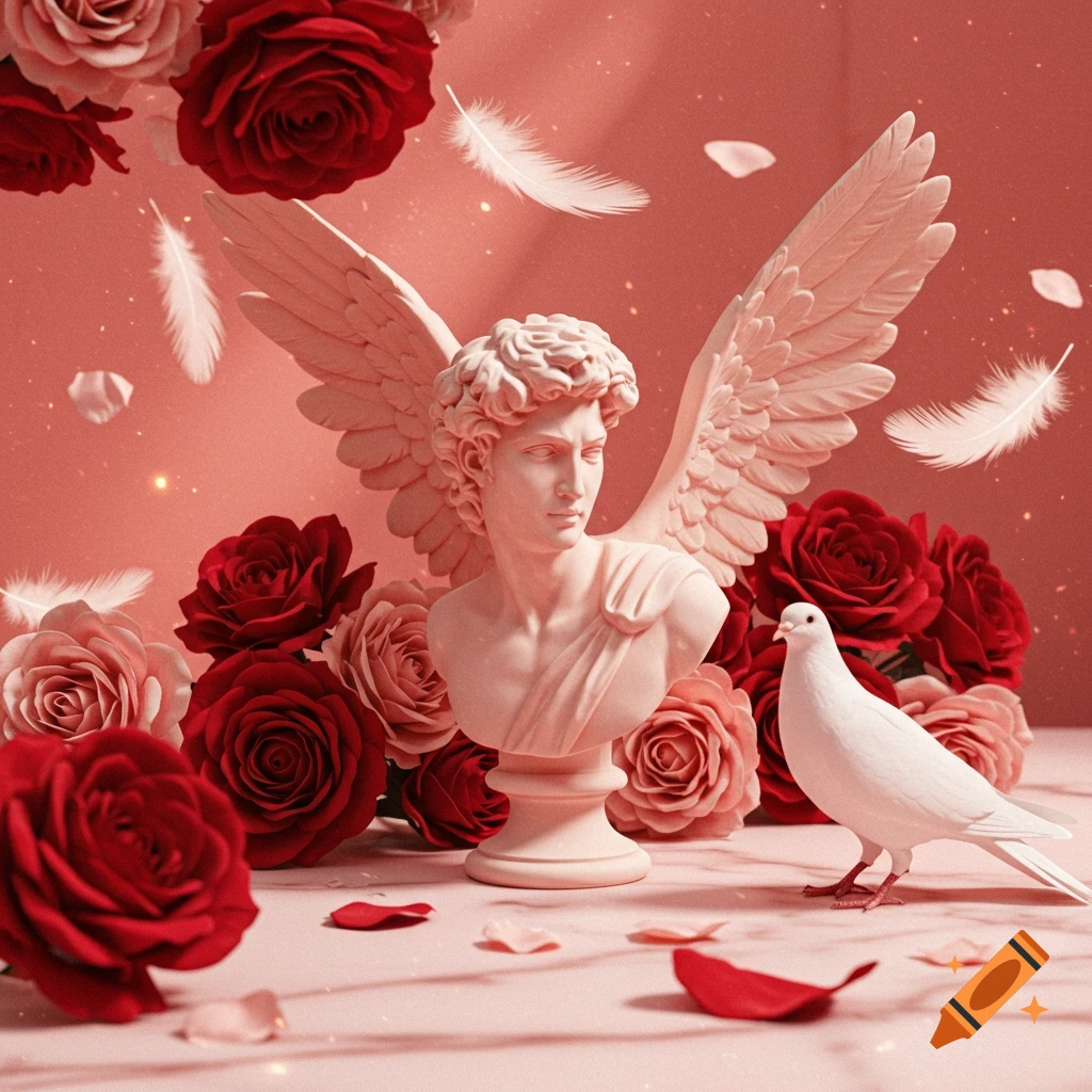 A white marble bust statue of Eros with wings, surrounded by red and pink roses, white feathers, and a white dove on a pink surface in a romantic still life.
