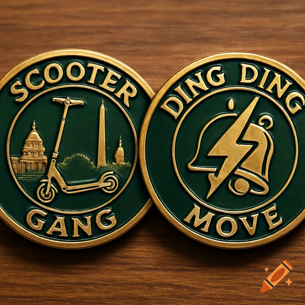Two gold and green challenge coins on a wooden surface. One features an e-scooter and the Washington DC skyline with 'SCOOTER GANG' text, the other has a bell and lightning bolt with 'DING DING MOVE' text.