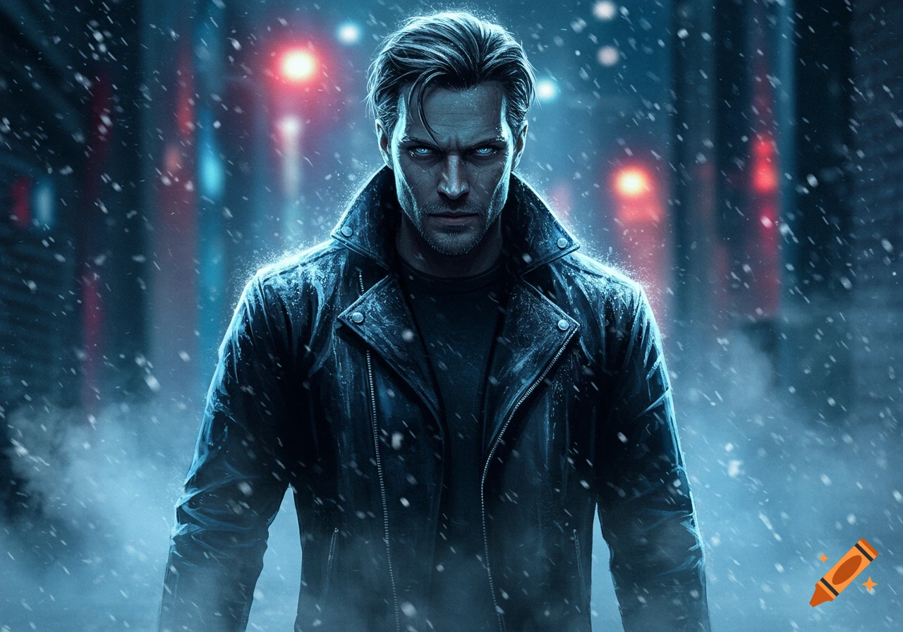 A stern-faced man with glowing blue eyes, wearing a leather jacket, stands in a snowy, blue-lit urban street. Photorealistic style.