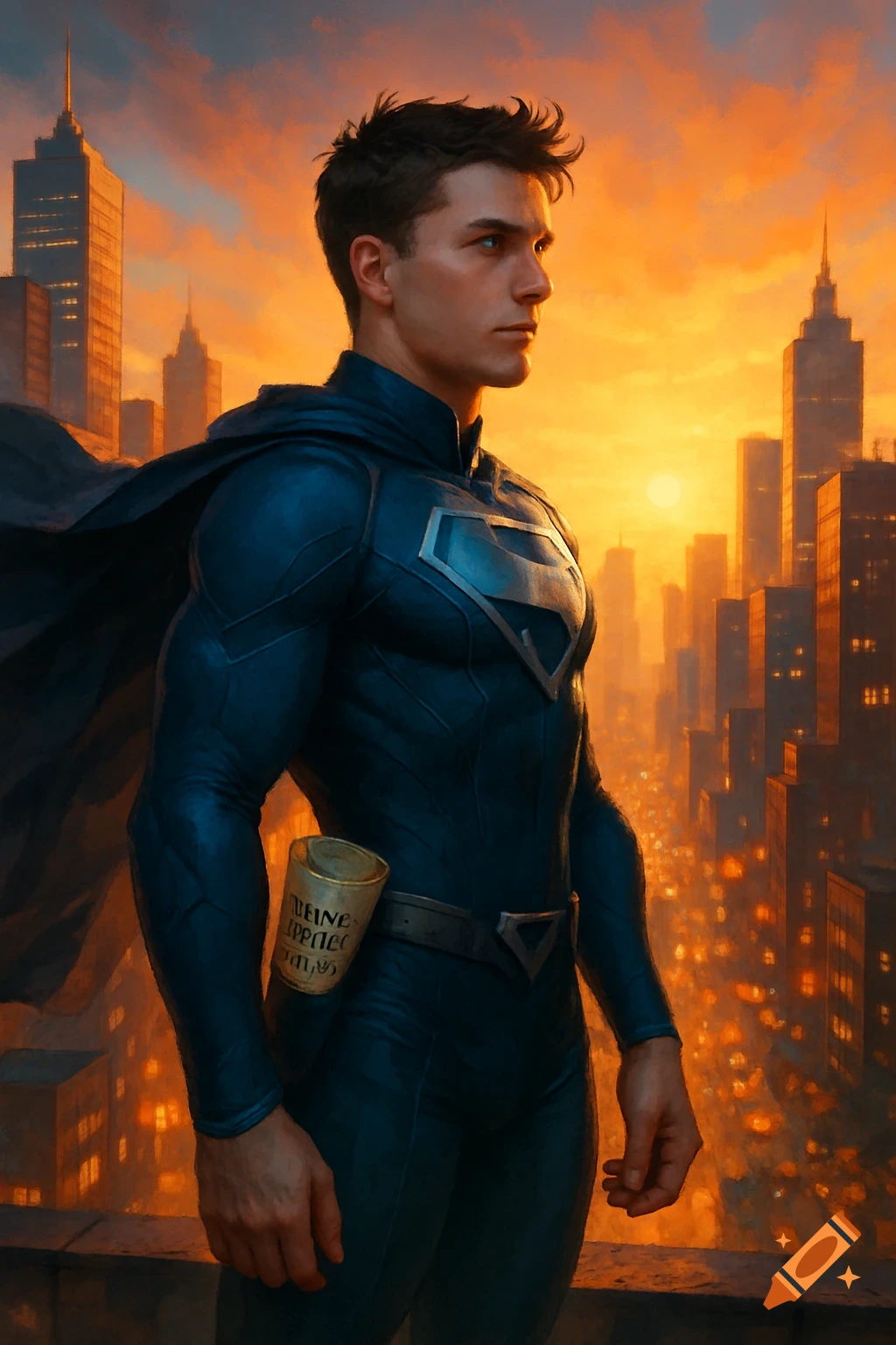 A determined man in a dark superhero suit and cape stands on a city rooftop at sunset, overlooking the skyline.