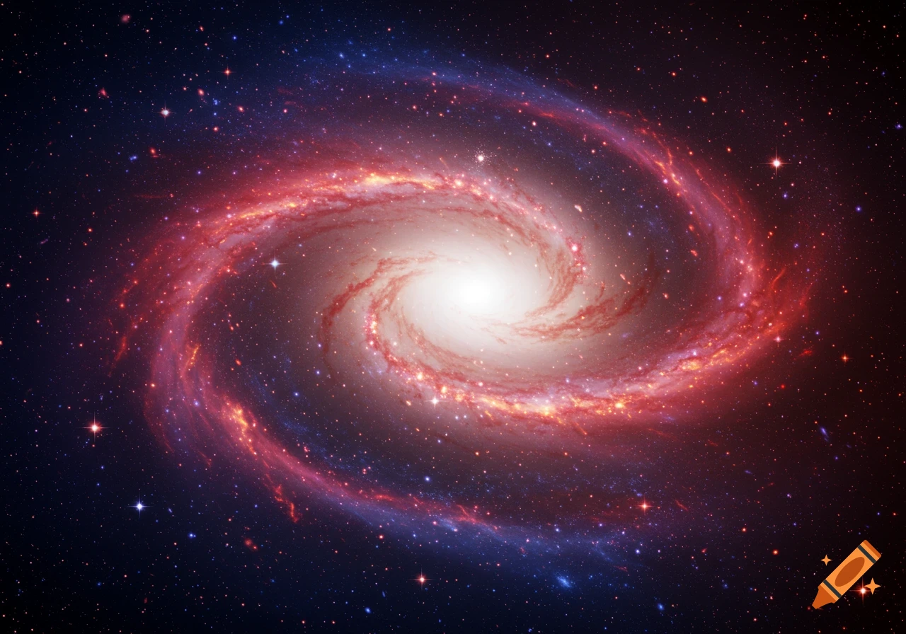 A vibrant spiral galaxy with a bright core and red and blue arms, set against a dark, star-filled space.