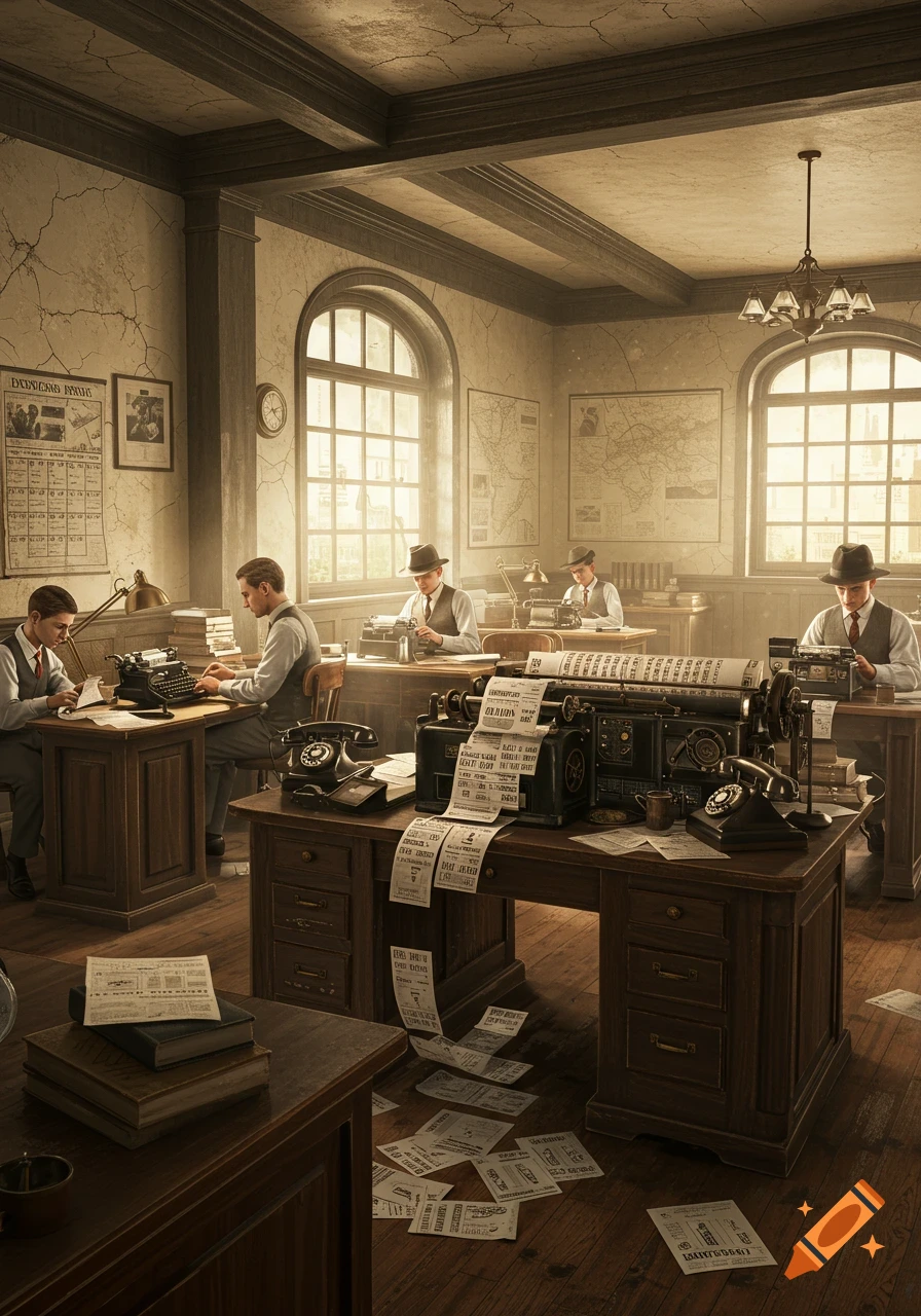 Vintage newsroom with several men in suits working at desks with typewriters and old printing machines, papers scattered.