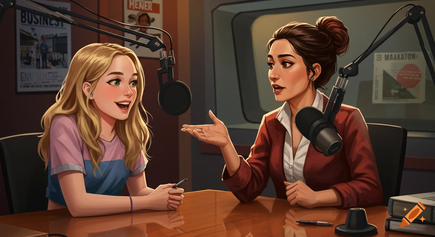 Two cartoon women record a podcast in a studio, one gesturing while the other smiles.