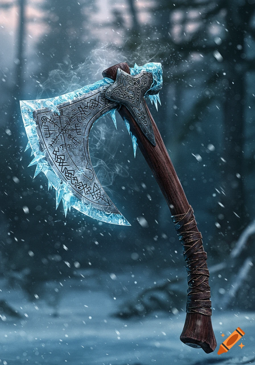 A detailed, close-up shot of a Kratos-style axe, its blade covered in glowing blue ice and ancient runes, with snow falling in a frosty forest background.