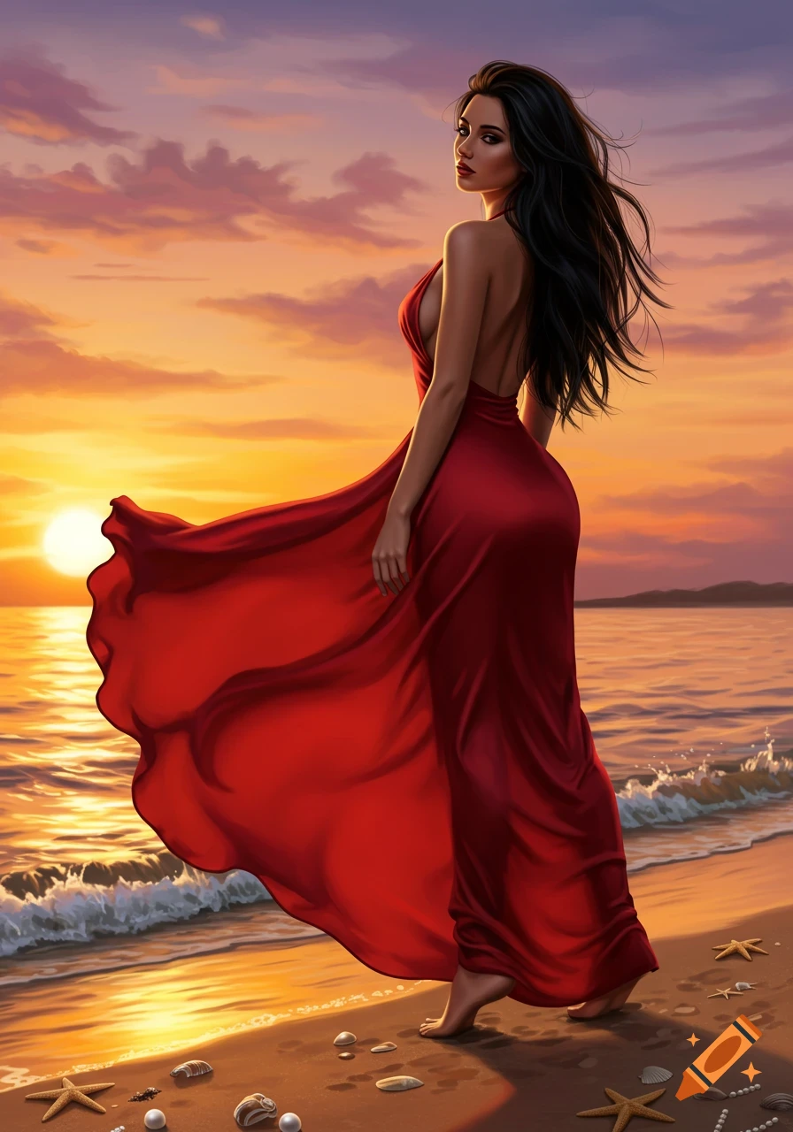 A beautiful woman in a flowing red dress stands on a beach at sunset, looking over her shoulder.