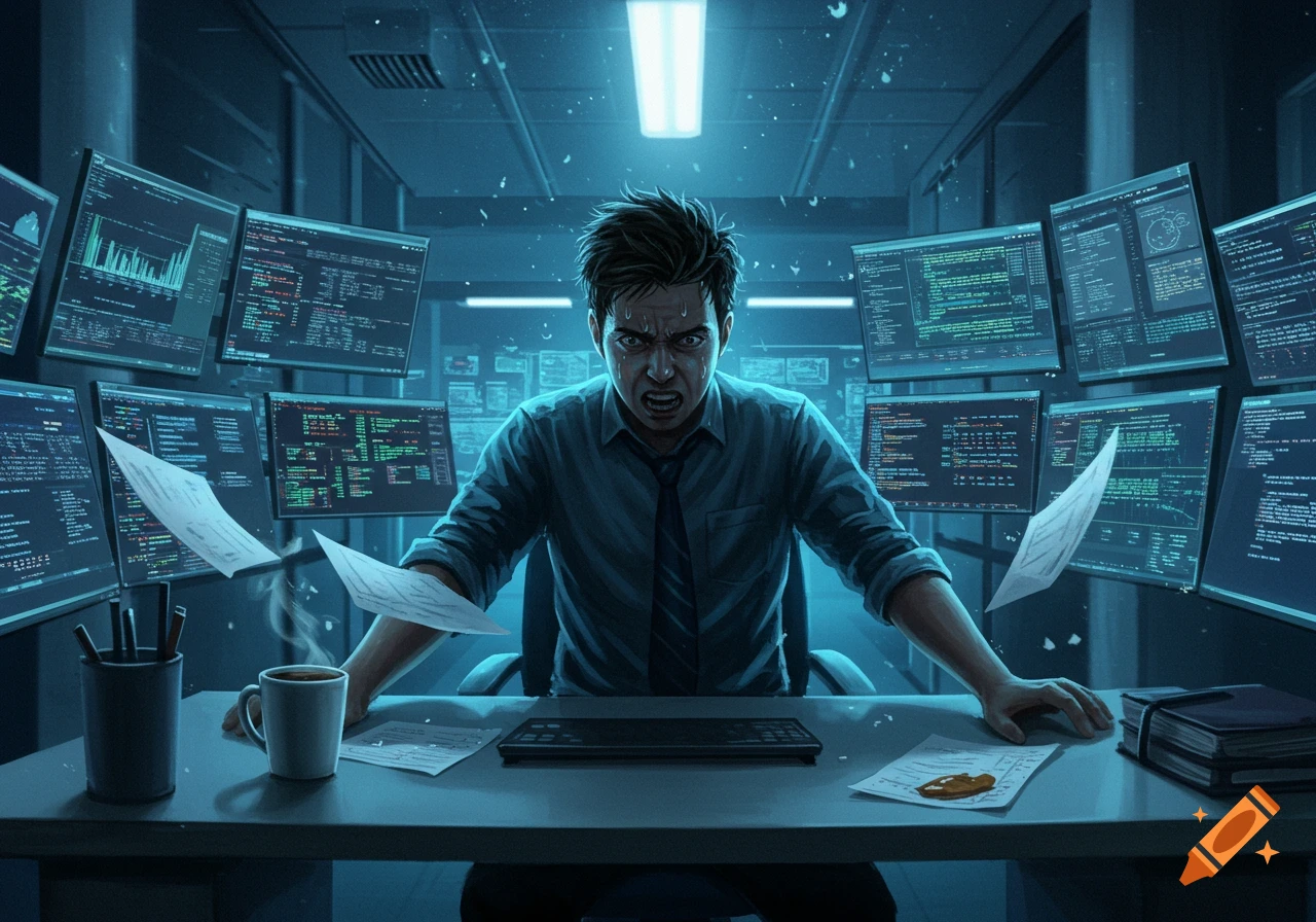 An intense, sweating engineer is overwhelmed at a desk surrounded by many computer screens in a blue-lit office.