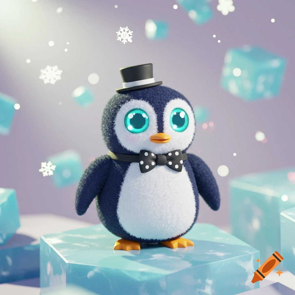 A cute, fluffy 3D rendered penguin wearing a top hat and bow tie stands on an ice block with snowflakes.