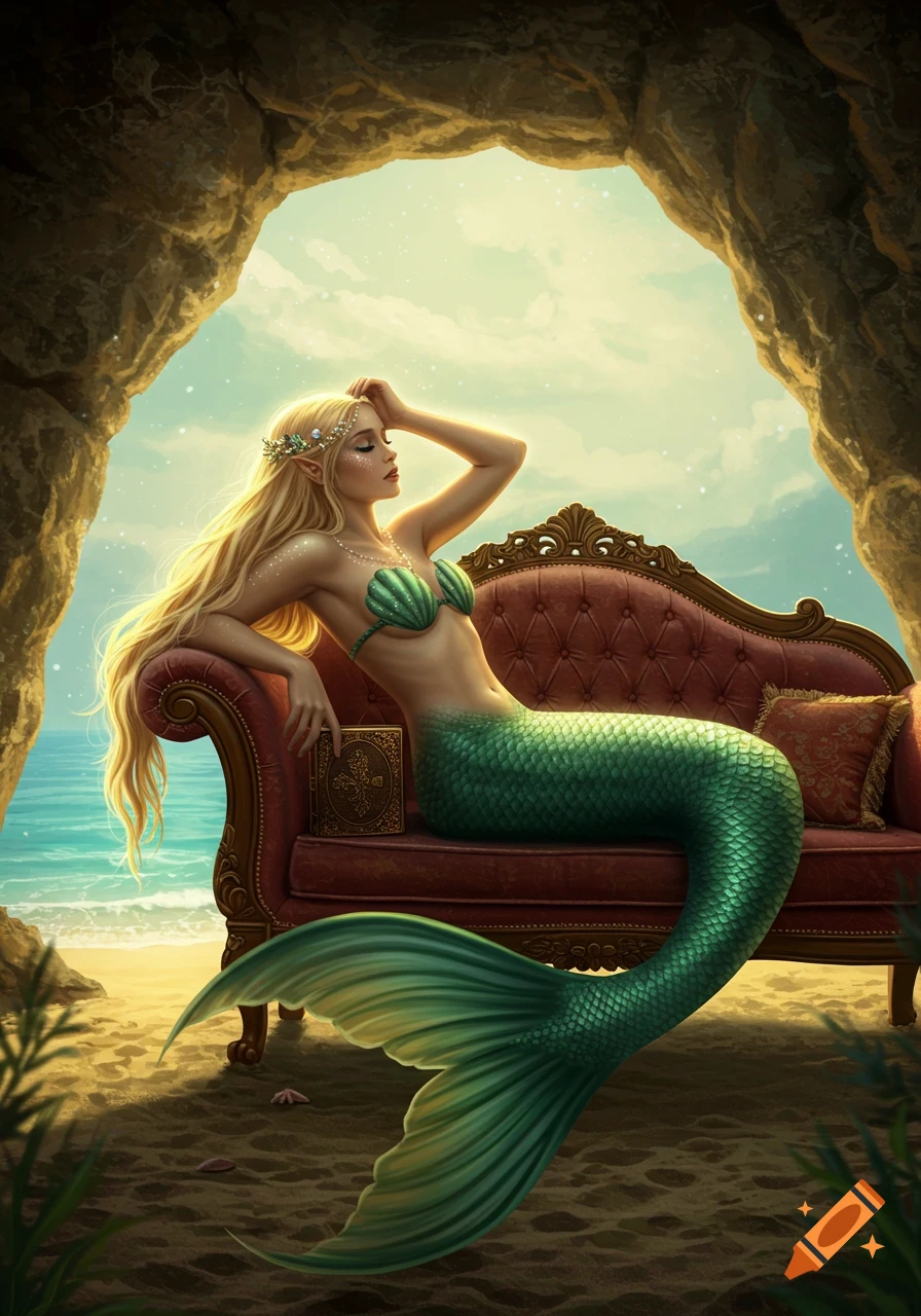 A stunning blonde mermaid with a green tail and matching top lounges on a red sofa inside a cave, overlooking a beach and ocean.