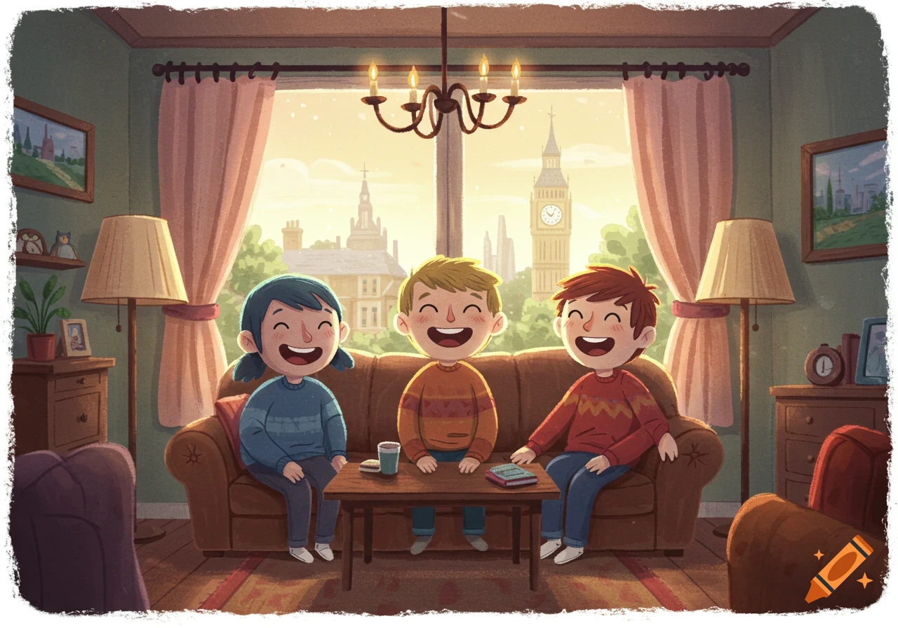 Three smiling children sit on a sofa in a cozy living room, looking out a window at a London cityscape with Big Ben.