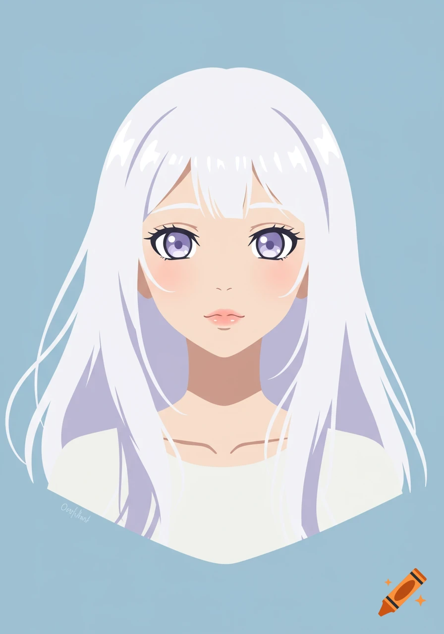 An anime portrait of a girl with long white hair and purple eyes, against a light blue background.