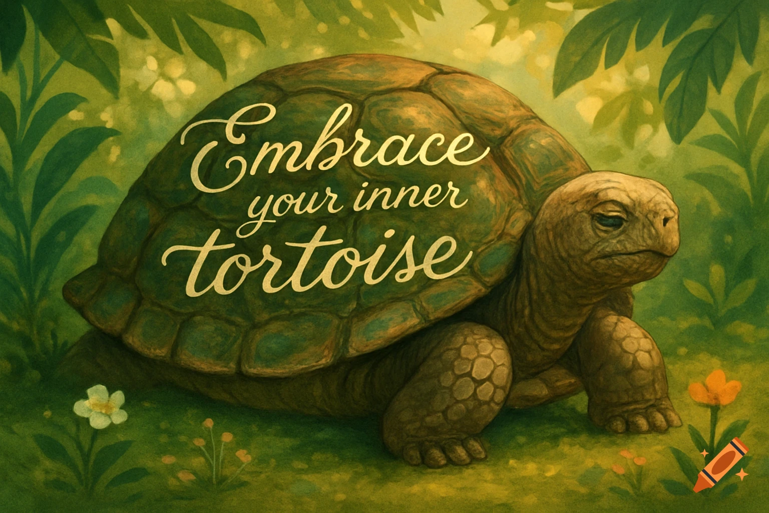 An illustrative image of a tortoise with the words 'Embrace your inner tortoise' written on its shell, surrounded by green foliage and small flowers.