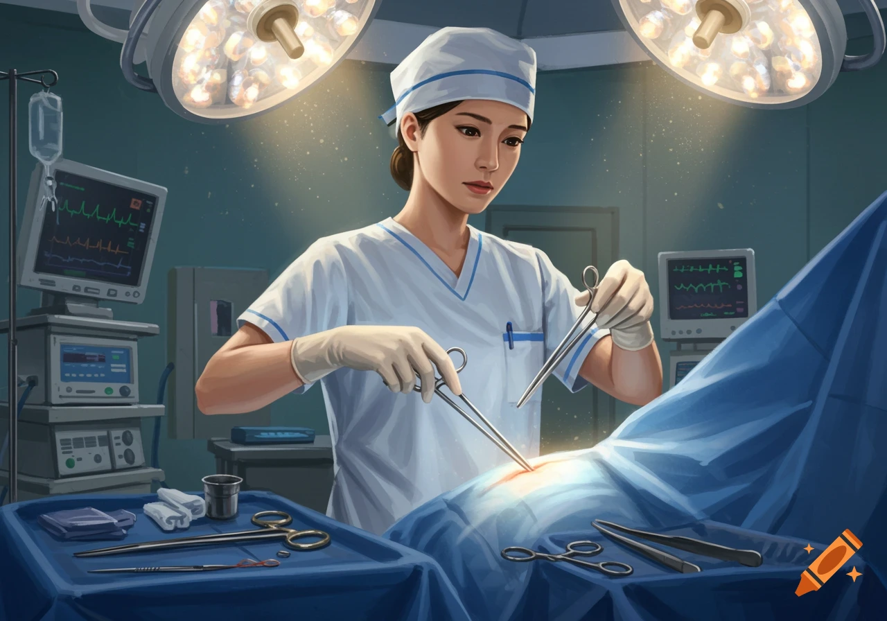 An illustrative image of a nurse performing surgery with instruments under bright lights in an operating room.