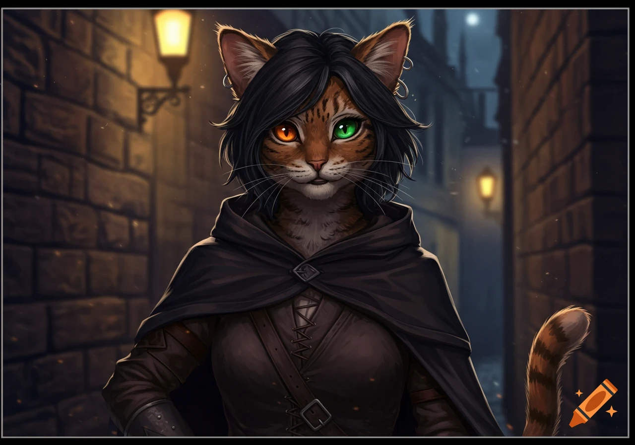 A feline humanoid character with black hair, heterochromatic eyes, and tiger-striped fur wears a dark cloak in a dimly lit alley.
