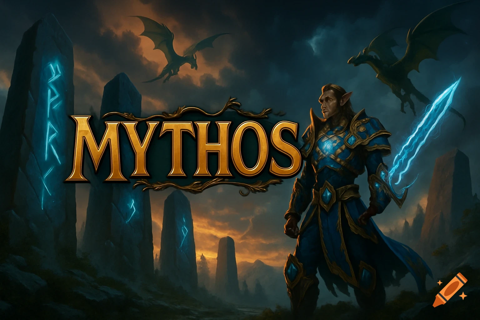 A fantasy banner featuring an armored elf warrior holding a glowing sword, with two dragons flying over ancient rune stones and the title 'MYTHOS'.