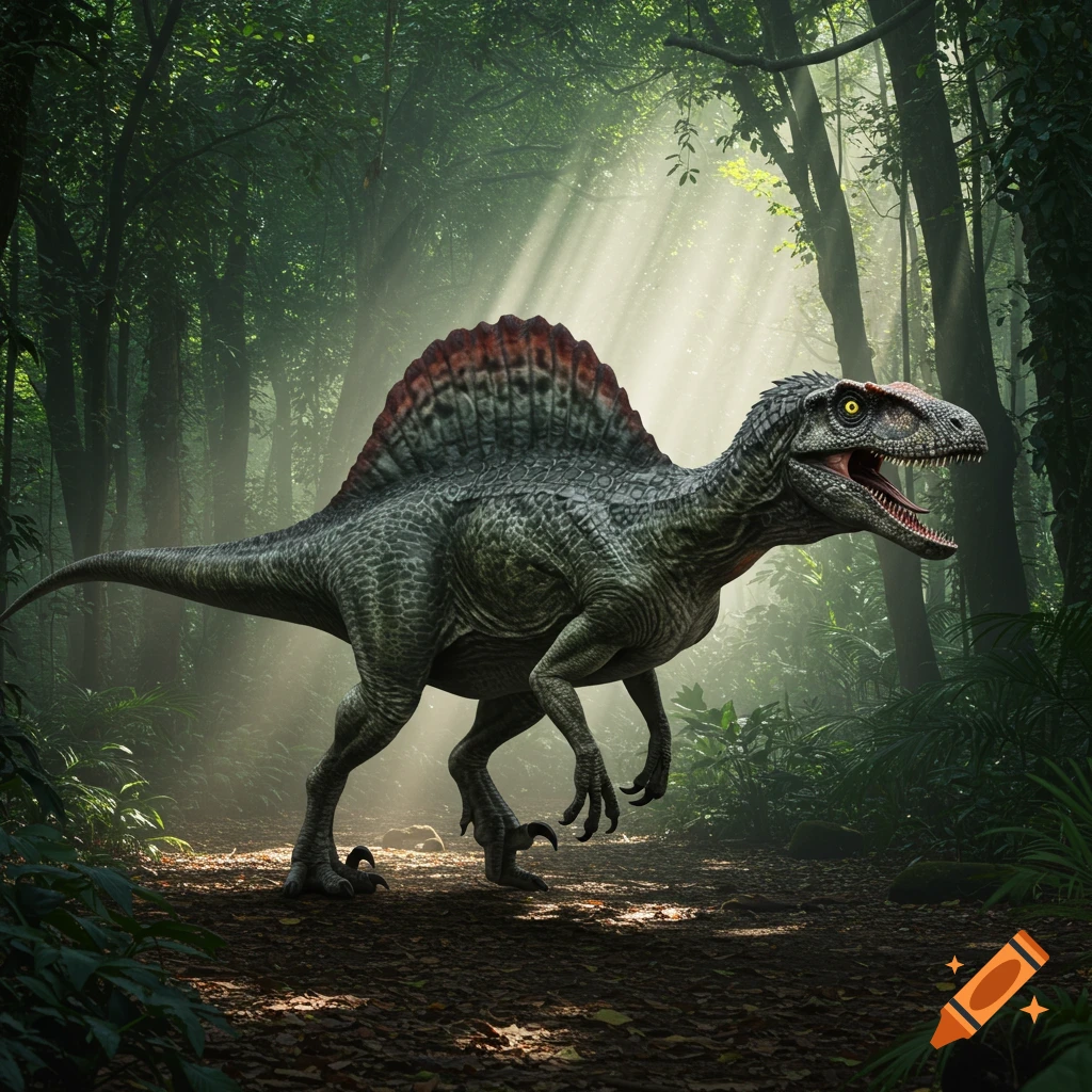 A detailed, realistic dinosaur with a large fin on its back, a Spinoraptor, standing in a lush, sun-dappled jungle.