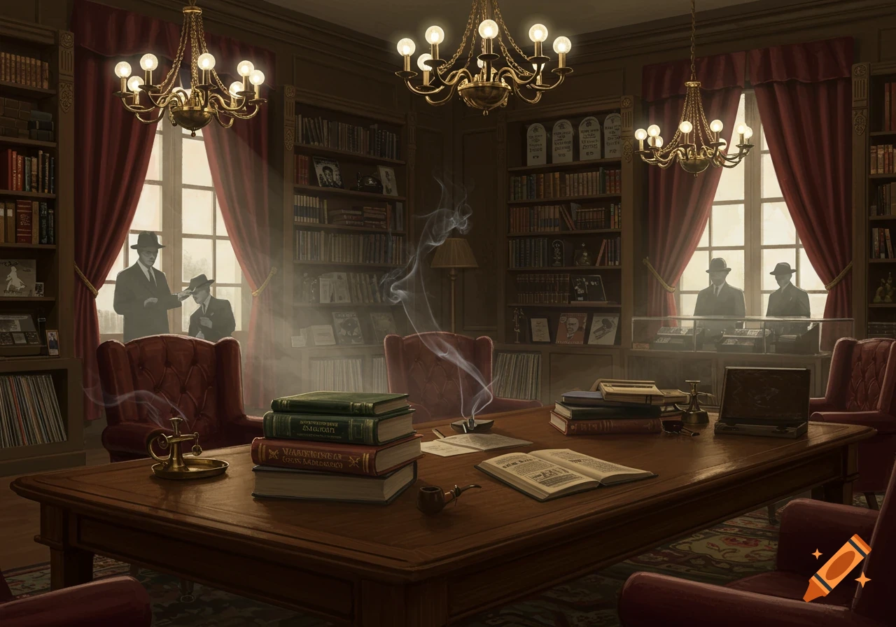 A dark, atmospheric image of men in suits in a vintage study with bookshelves, a large table, and smoking wisps.