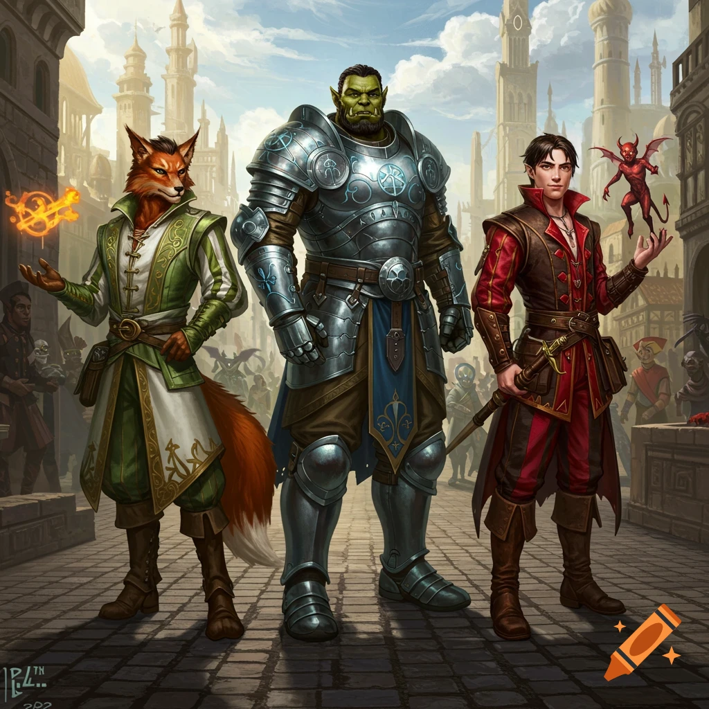 A fantasy scene with a fox-like bard, an orc knight in silver armor, and a human summoner with a small red imp, standing in a city street.
