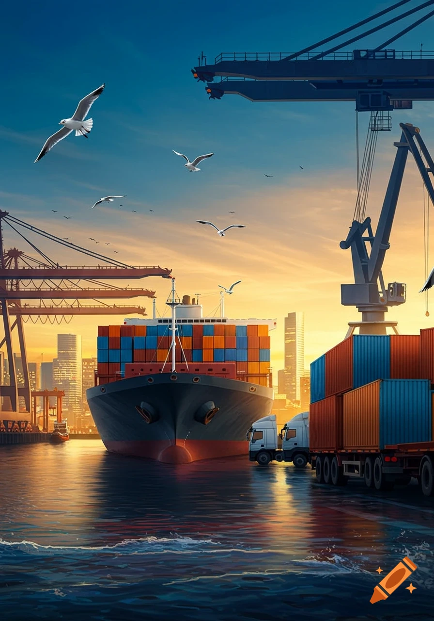 A large container ship docked at a busy port with cranes and trucks, set against a city skyline at sunset, with seagulls flying.