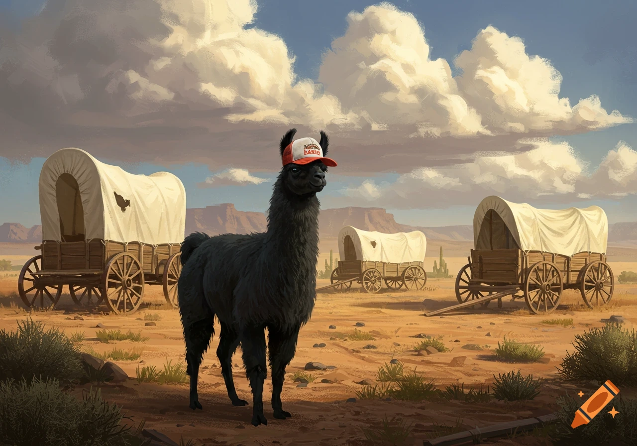 A black llama wearing a red trucker hat stands in a desert landscape with several covered wagons under a cloudy sky.