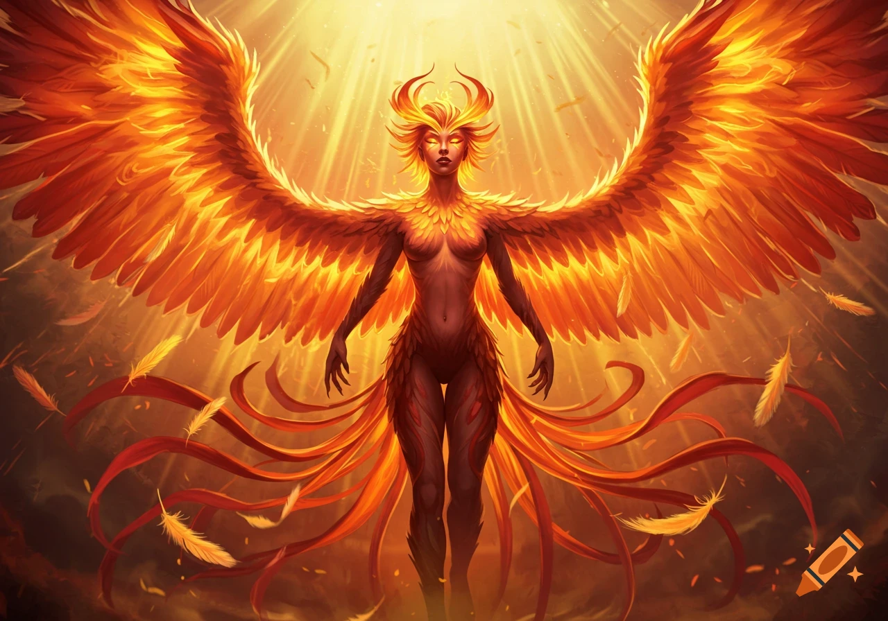 A human female phoenix with fiery orange wings stands in golden light with feathers falling.