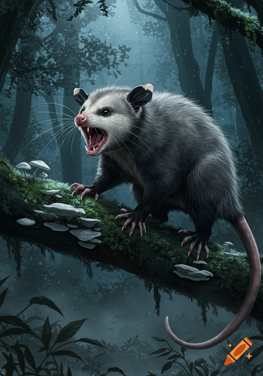 A realistic illustration of a hissing possum with an open mouth and bared teeth, perched on a mossy log in a dark, misty forest.